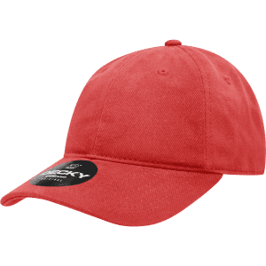 A red 6 panel low profile relaxed dad hat featuring a logo on the front.