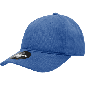 A blue 6 panel low profile relaxed dad hat with a curved brim and a branded tag on the front.