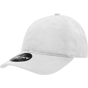 A white 6-panel low profile relaxed dad hat with a curved brim and a logo on the front.