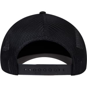 A black trucker cap with a mesh back, featuring an adjustable strap and a smooth interior.