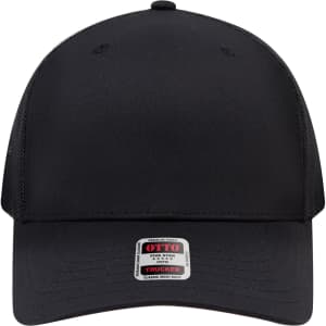 A black trucker cap featuring a mid-profile design and a mesh back, including a logo tag.