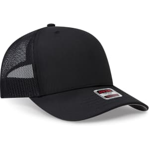 A black mid-profile trucker hat with a mesh back and a branded patch on the front.