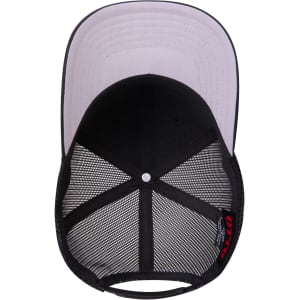 A black mid-profile trucker cap with a mesh back and a grey underside of the brim, featuring a logo.