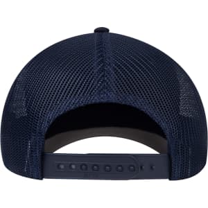 A dark navy trucker cap featuring a mesh back and adjustable strap. The interior is visible, showcasing a black lining.
