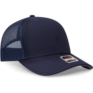 A navy blue trucker cap with a mid-profile design and a mesh back, featuring a logo on the front.