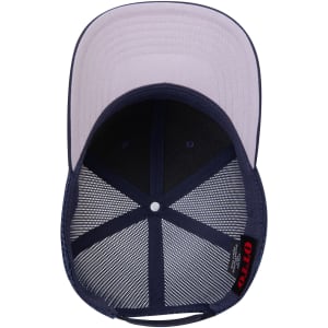 An inside view of a navy blue and light grey trucker cap featuring a mesh back and a branded label.