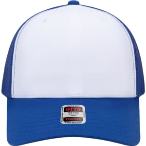 A white and blue mid-profile mesh back trucker cap with a logo on the front and a flat brim.