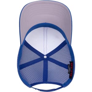 A blue trucker hat featuring a mid-profile design with a mesh back. It has an interior lining and a branded tag.