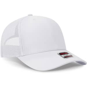A white six-panel mid-profile trucker cap with a mesh back and a branded label on the front.