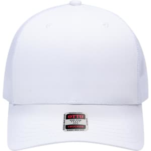 A white seamless 6 panel mid profile mesh back trucker cap with a branded label on the front.
