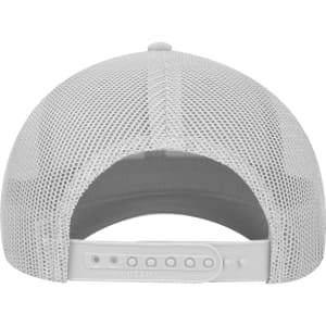 A white mid-profile trucker cap with a mesh back and adjustable snap closure at the rear.