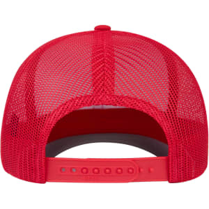 A red trucker hat featuring a mid-profile design with a mesh back and an adjustable strap.