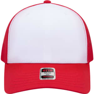 A red and white trucker cap featuring a mesh back and a branded label on the front.
