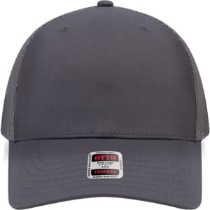 A grey trucker cap with a mid-profile design and mesh back. Features a logo on the front.