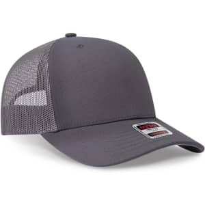 A grey mid-profile trucker cap with a seamless design and mesh backing, featuring a logo on the side.