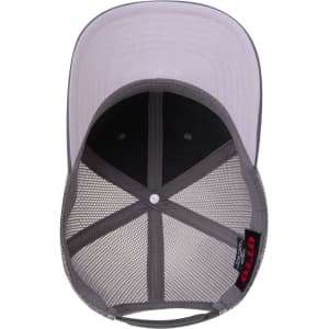 A grey trucker cap with a mid-profile design and a mesh back, featuring a branded label inside.