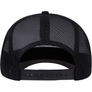 A black trucker cap featuring a mesh back and an adjustable snap closure. The interior is designed for comfort.