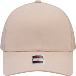 A beige seamless 6 panel mid profile mesh back trucker cap with a logo on the front.