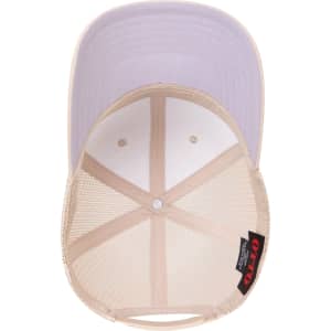 A beige seamless trucker hat with a mid-profile design and a mesh back, featuring an interior view.