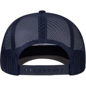 A navy blue trucker cap featuring a mesh back and adjustable strap. The interior shows a smooth lining.