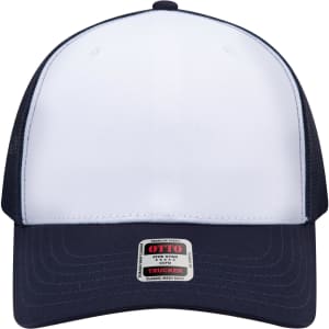 A white and navy blue trucker cap with a mesh back and a logo on the front.
