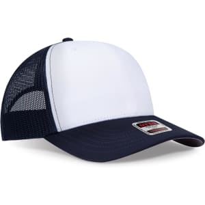 A white and navy blue trucker cap with a mesh back and a branding logo on the side.