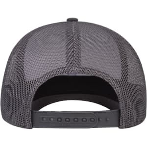 A grey mesh back trucker cap featuring a mid-profile and an adjustable strap at the back.