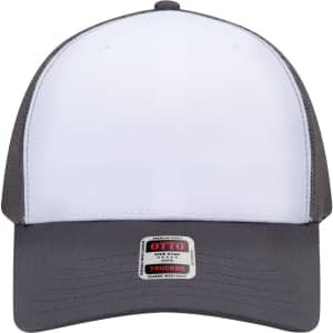 A grey and white trucker cap with a mid-profile design and a mesh back. It features a logo on the front.