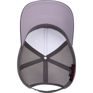 A grey and white trucker cap with a mesh back and a structured brim, featuring an inner label and branding.