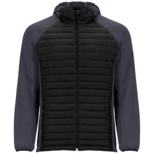 A jacket featuring a padded black front and navy blue sleeves, with a hood and zip closure. It has a logo on the chest.