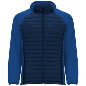 A blue jacket with a quilted body and smooth sleeves, featuring a hood and a front zip. It has a logo on it.