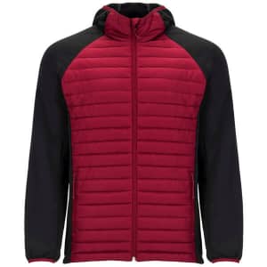 A red and black puffed jacket with a zip front and a hood, featuring a logo on the chest.