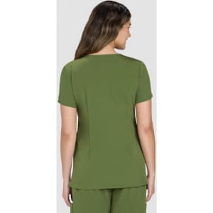 A woman wearing a short-sleeve, olive green top, viewed from the back, against a light grey background.