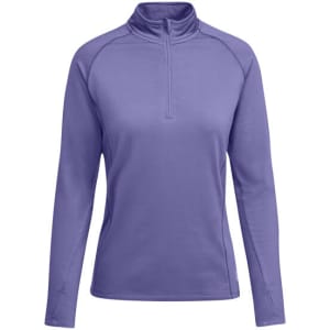 A purple polar fleece sweatshirt with a high collar and long sleeves, featuring a quarter zip and a logo.
