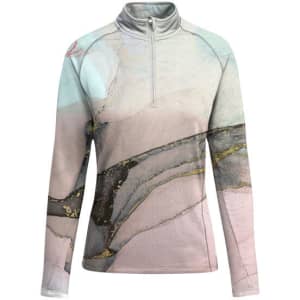A women's polar fleece sweatshirt in pastel colours with an abstract design and a zip collar. Features a logo.