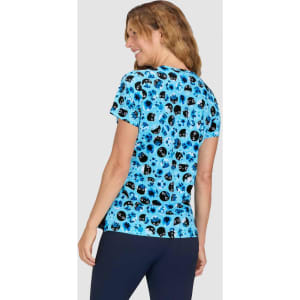 A fitted blue top featuring a fun print of various skull designs in black. The back view shows a round neckline.