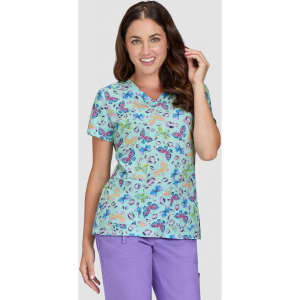 A floral print scrub top featuring a variety of colourful butterflies on a light blue background, with a V-neck design.