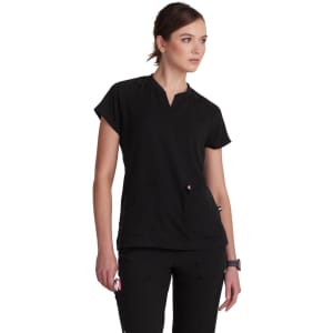 A black top featuring a short sleeve design and a stylish neckline, with a logo on the side.