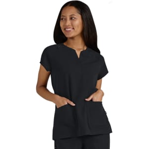 A black medical scrub top featuring a short sleeve design and two front pockets. The top has a simple collar.