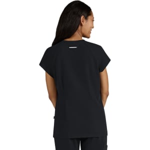 A black medical top with short sleeves and a back detail, featuring a logo.