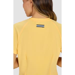 A yellow top with a contrasting logo on the back, featuring short sleeves and a fitted design.