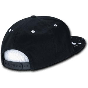 A black 6 panel high profile structured snapback cap featuring a solid back and a branded logo.