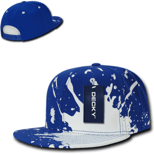 A blue and white 6-panel high profile snapback cap with a logo and a splatter design.