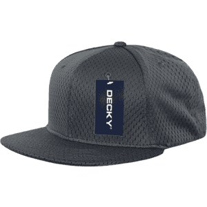 A grey mesh jersey flat bill snapback cap with a logo and a tag attached.