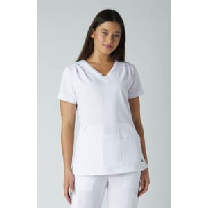 A white medical scrub top with a V-neck and two front pockets, displayed on a model against a light background.