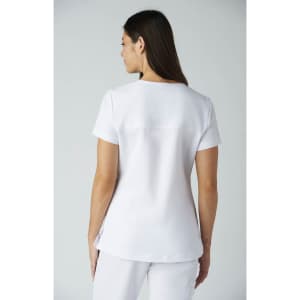 A white Sari Top with short sleeves, featuring a simple design and a subtle logo on the back.