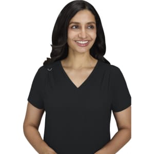 A black Sari Top with a V-neck and short sleeves, featuring a decorative detail on one shoulder.