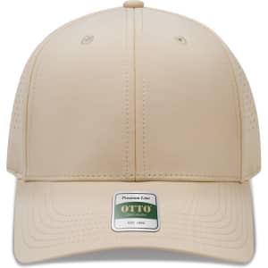 A beige six-panel cap with perforated design and a logo patch on the front.