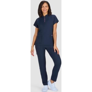 A uniform set featuring a navy top with a zip and matching navy pants, suitable for professional wear.