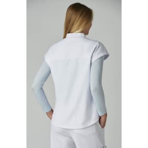 A light blue and white shirt with short sleeves and a back yoke, featuring a simple design.